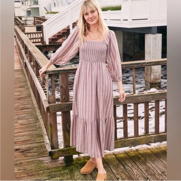 Marine Layer Ivy Brook dust linen strips smocked midi dress - Picture 3 of 10